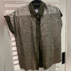 Olive green silk Elizabeth + James metal sequins button down top blouse